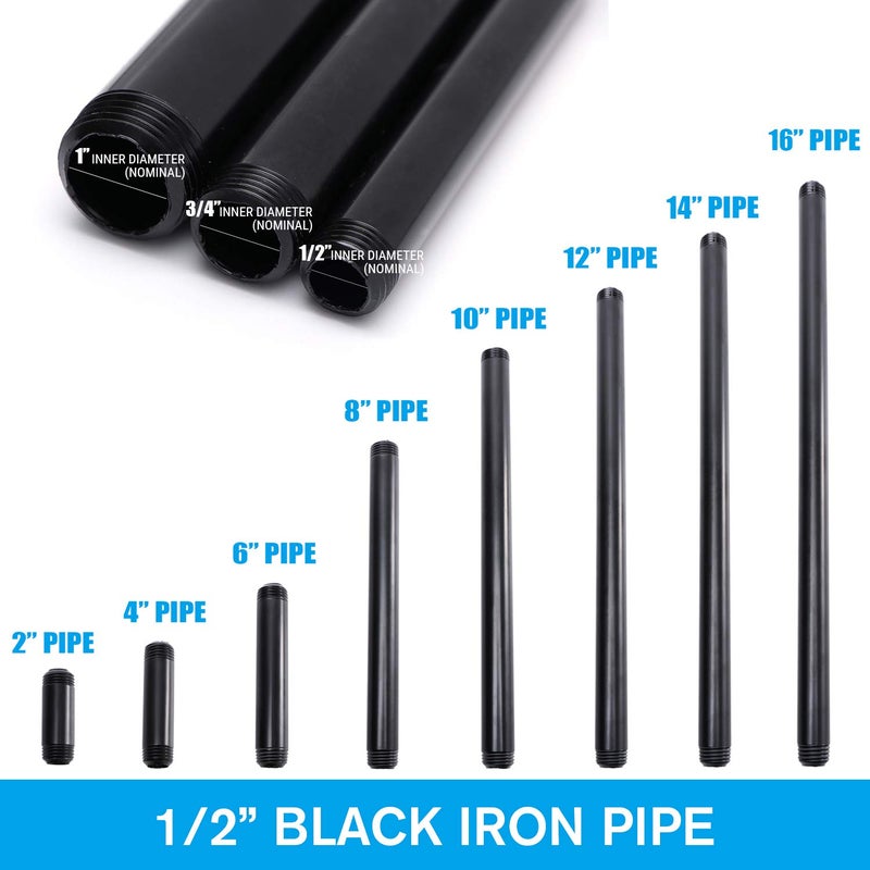 Home TZH 1/2" x 14" Black Threaded Iron Pipe, 10 Pack Black Painted Finish Threaded Metal Nipple for DIY Project/Furniture/Shelving Decoration (10, 14") - Image 3